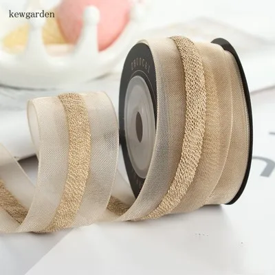 Kewgarden сэндвич кружева Марля атласная Вуаль ленты DIY брошь бант " 1,5" 5/" 15 25 38 мм вручную изготовленная лента упаковка Riband 5Y - Цвет: Золотой