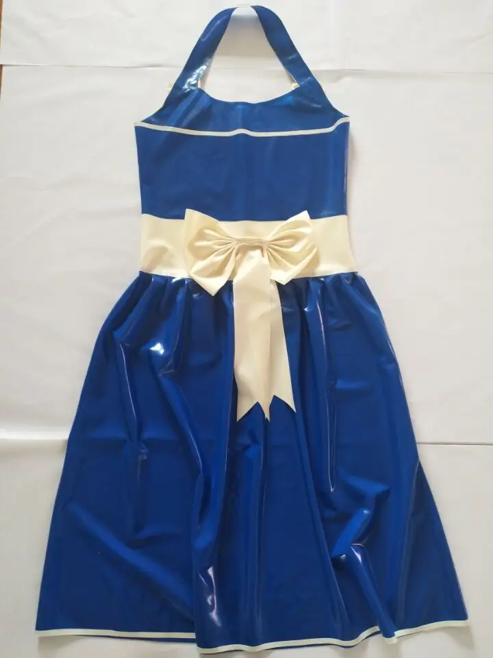 Sexy Rubber 100% Latex Navy Blue With White Bow Dress Size XXS-XXL