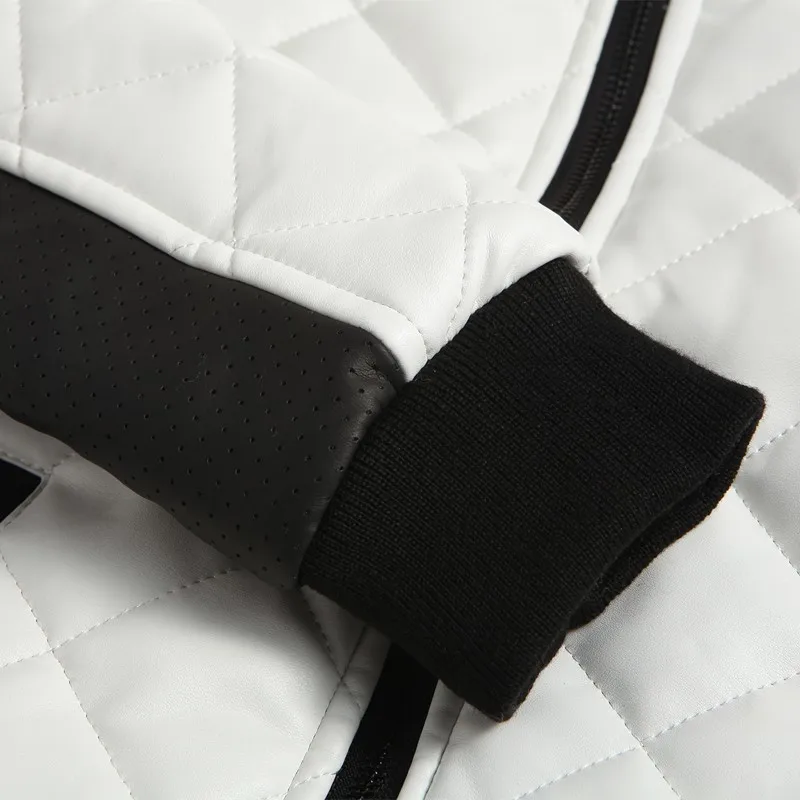 New Men Parkas Black White Patchwork PU Coat Standing Collar Zipper Regular Clothing Male Plaid Decoration Pocket Parkas