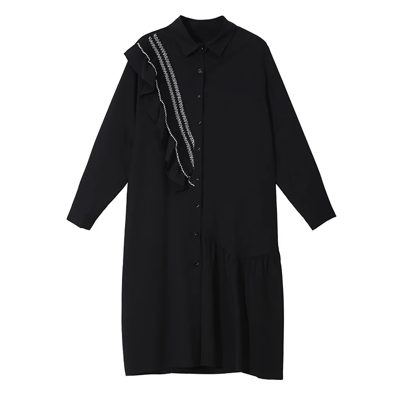 

Johnature Solid Color Patchwork Ruffles Pleated Shirt Dresses Women New Loose High Quality Fashion Streetwear Dress 2021 Spring