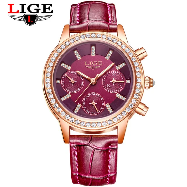 Relogio feminino, женские часы LIGE, роскошный бренд, для девушек, кварцевые часы, на каждый день, кожа, женское платье, часы, женские часы, Montre Femme - Цвет: purple