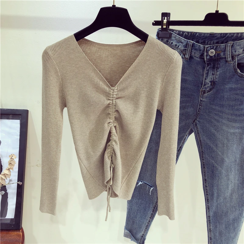 2019 Autumn Long Sleeve Bottoming Knitted Sweater Women Solid Slim Drawstring Bustier Crop Top Sexy V-Neck Streetwear Pull Femme | Женская