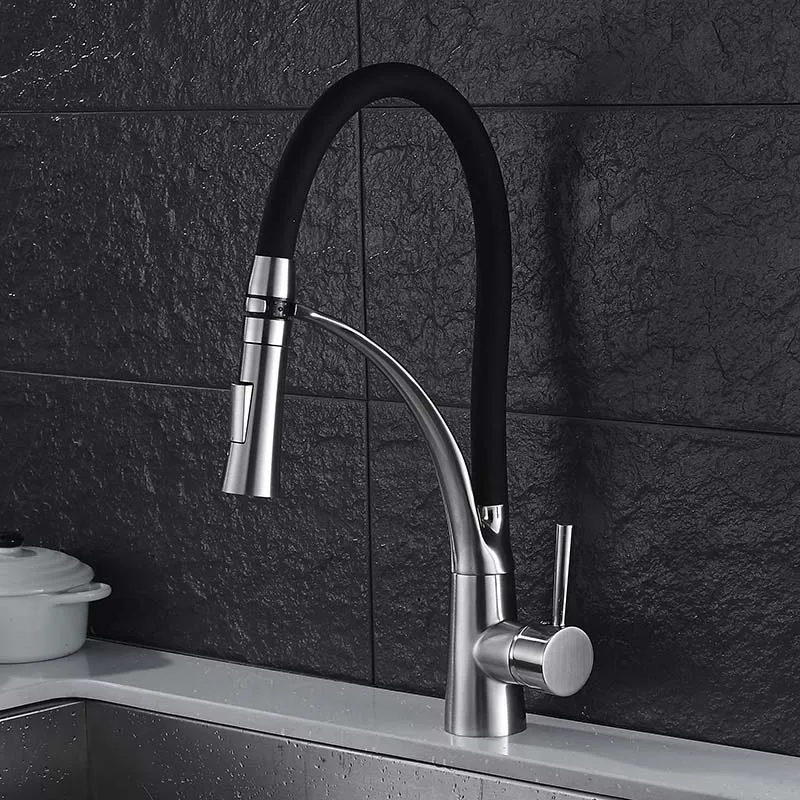 Brushed Nickel Смесители для кухни с резиновым дизайном хромированный смеситель для кухни с одной ручкой выдвижной кран на бортике для раковин N22-082 - Цвет: Brushed Nickel