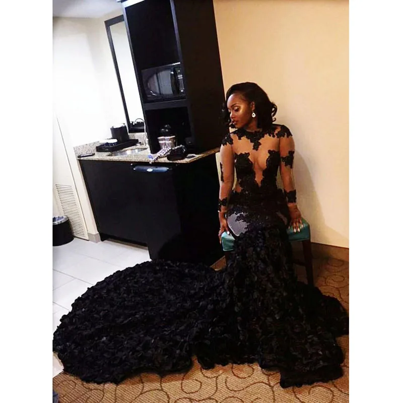 

New African Black Mermaid Prom Dresses 2019 Organza Ruffles Long Prom Party Dress For Graduation Sheer Long Sleeve Evening Dress