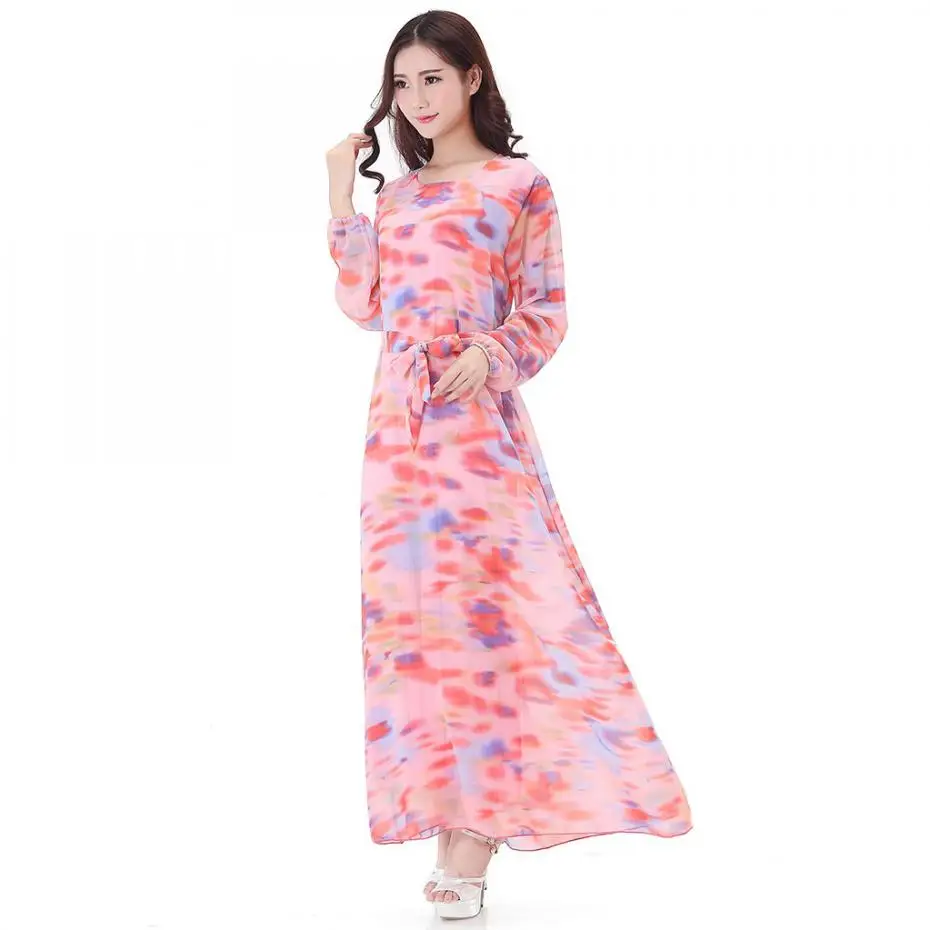 С Поясом! с длинным Рукавом Макси Dress В Этническом Стиле Мусульманские Vestidos Шифон