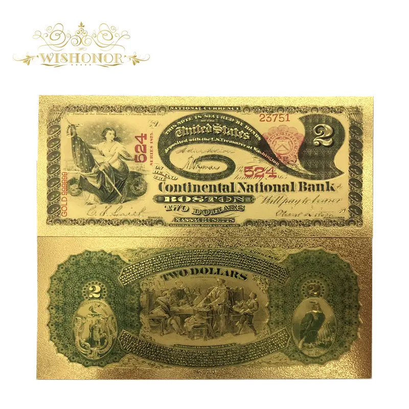 10 шт./лот Новые товары для 1875 года цвет Америка банкноты 2 доллара в 24k золотой