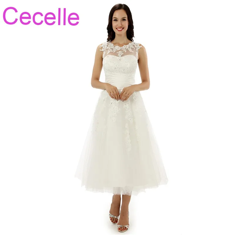 2019 Короткие свадебные платья винтажный до середины икры аппликации из бисера 1950 s