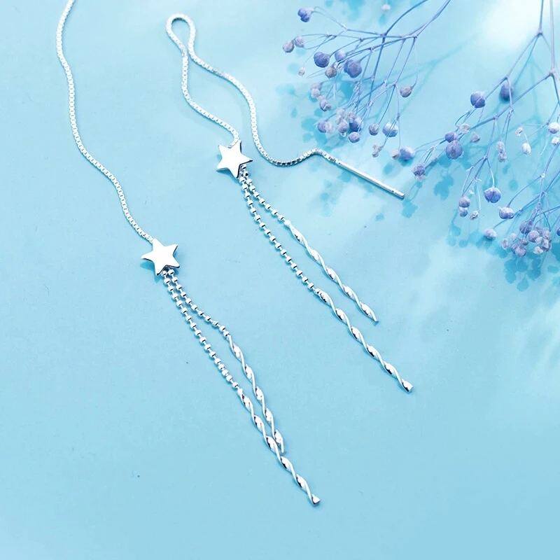 

100% 925 Sterling Silver Star Long Tassels Ear Line Dangle Earrings For Women Fashion Jewelry Gift E3741