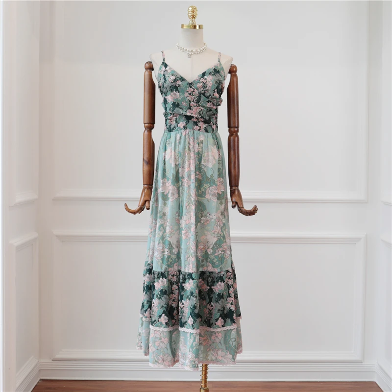 Женское платье длинное пляжное на тонких бретельках с цветочным принтом|Женские