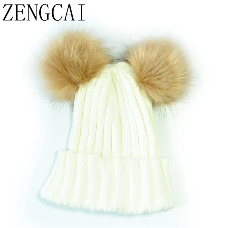 Детская шапка с двумя помпонами из искусственного меха Женская Зимняя шерстяная