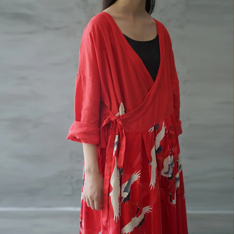 Женское платье в китайском стиле Johnature хлопково-льняное Бандажное с длинным