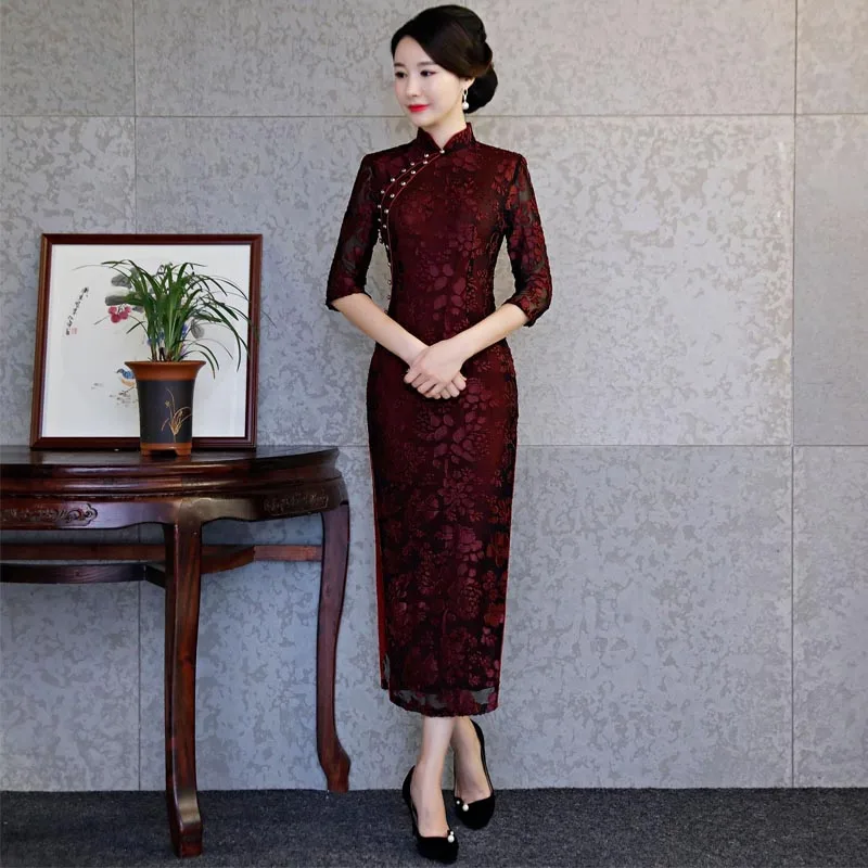 as photo Черное кружевное китайское свадебное платье для женщин Cheongsam тонкое китайское традиционное платье женское длинное платье Ципао для свадебной вечеринки - Цвет: as photo