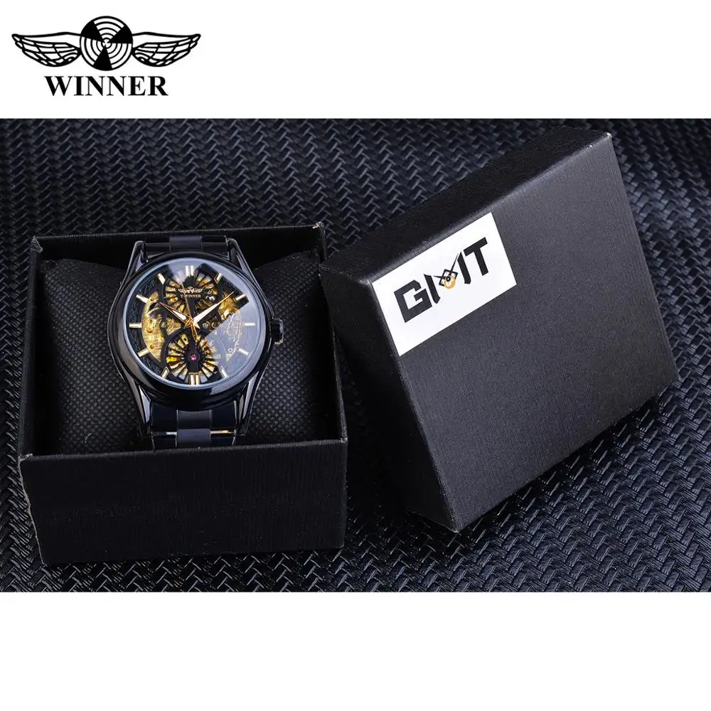 Часы-Скелетон Winner, новинка, спортивные механические часы Montre Homme, черные часы со стальным ремешком, мужские деловые автоматические часы