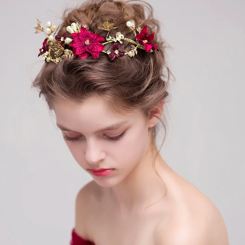 Свадебные прически с красными цветами свадебные аксессуары для волос листьями и