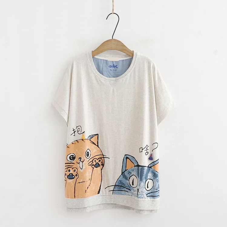Свободная футболка с короткими рукавами и круглым вырезом принтом большого кота