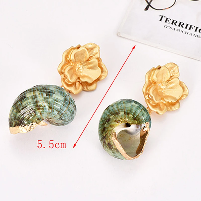 Серьги ZHINI в виде золотого цветка зеленых ракушек модные милые длинные