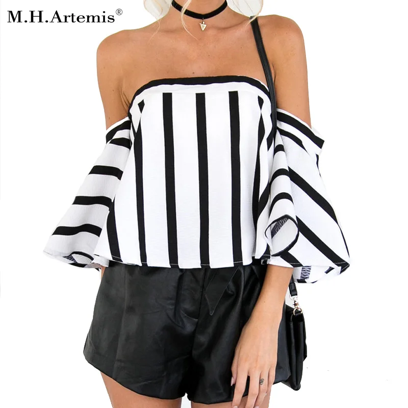 M.H.Artemis Stripe off shoulder White blouse women Summer flare sleeve Elegant beach party blusas 2017 boho chic top |