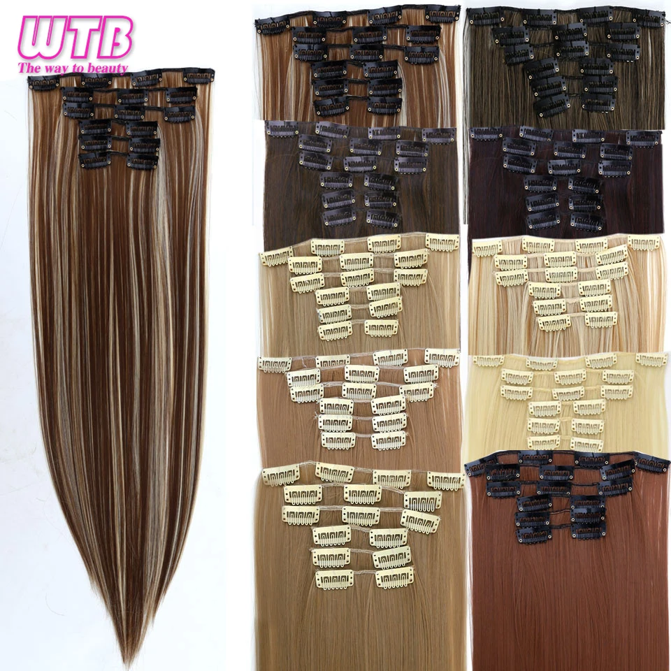 WTB 6 шт./компл. парик, заколки, заколки для волос, трессы, заколки, 140 г, 16 клипс, Длинные прямые синтетические волосы на заколках для наращивания Термостойкое волокно Наращивание натуральных волос
