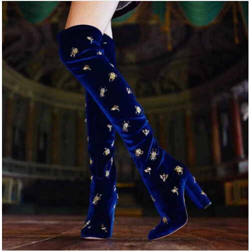 Роскошные Стразы Украшенные насекомыми Женские Сапоги выше колена синие
