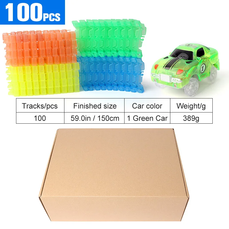 100pcs 1 green car Волшебные треки, светящиеся гоночные треки, гибкие сборные автомобильные игрушки, светящиеся гоночные треки, набор, вспышка в темноте, мини-вагон, игрушки для мальчиков - Цвет: 100pcs 1 green car