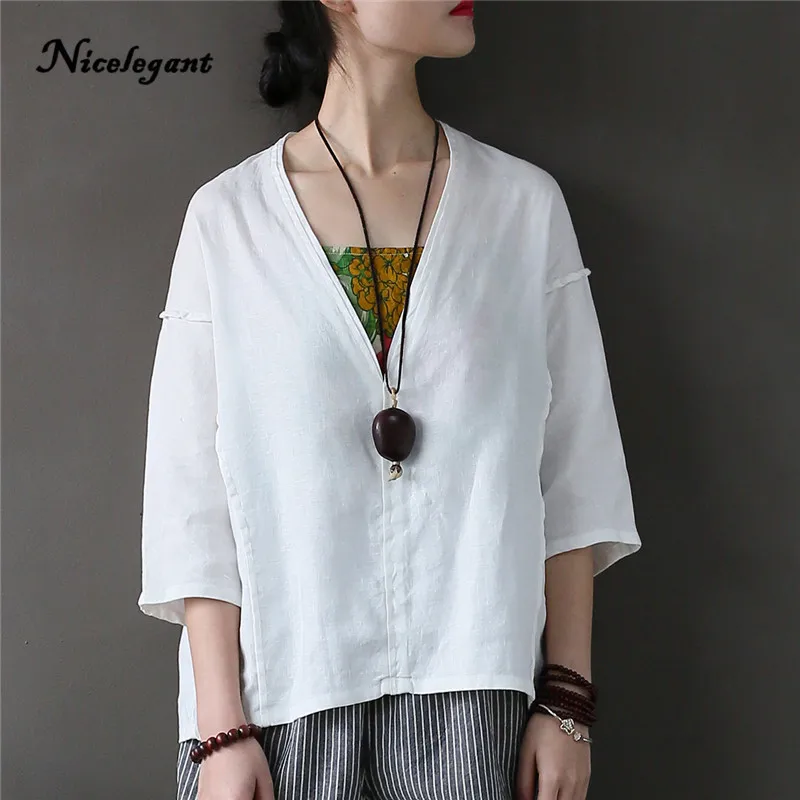Brand New T Shirt Women Solid Summer V-Neck Spliced Half Sleeve Loose Vintage Casual Sunscreen 2019 Cotton Linen Top Tees | Женская