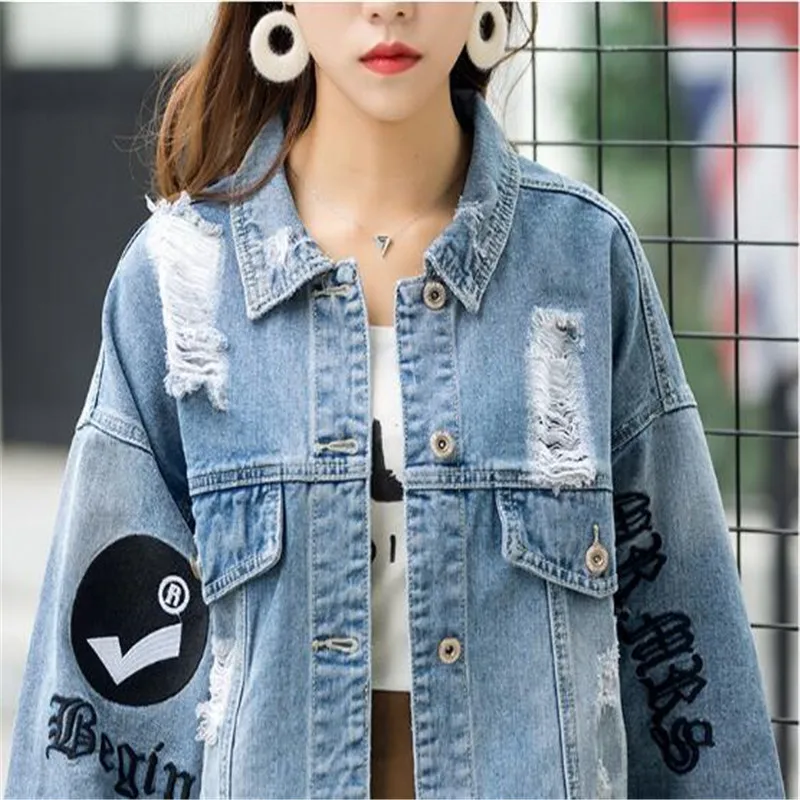 

Denim Jacket Female Loose 2018 Autumn New Denim Clothing Letter Embroidery Jacket Hole Female Jacket