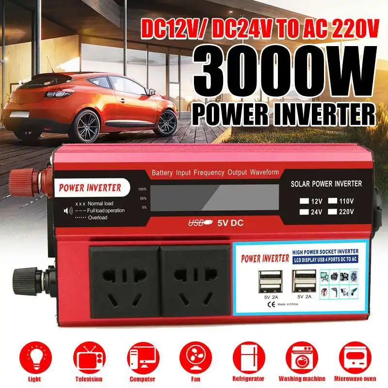 4 порта USB ЖК-дисплей Дисплей 3000 Вт AC/DC 12/24V к переменному току 220V Портативный автомобиля Мощность инвертор Зарядное устройство конвертер адаптер Модифицированная синусоида
