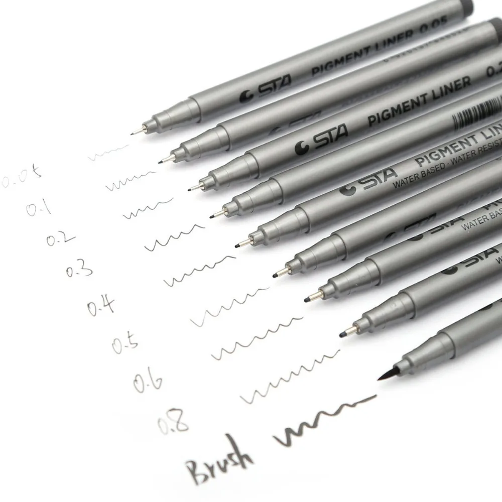 Ручка для пигментного лайнера STA 0 05 мм черные чернила водяные длина 14 см|pigment liner