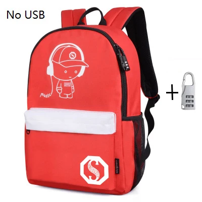Рюкзак с USB зарядкой, детские школьные сумки для девочек-подростков, анимационный светящийся Школьный рюкзак, Противоугонный рюкзак для ноутбука, школьный рюкзак - Цвет: red white no USB