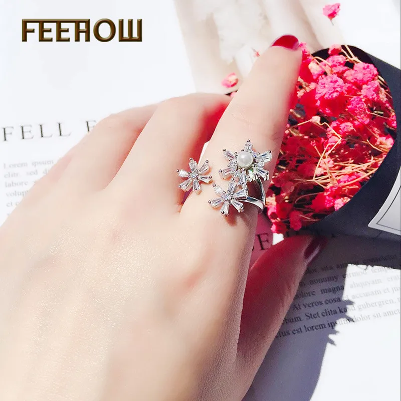 FEEHOW Новый дизайн личности циркония Регулируемый Снежинка кольца для Для женщин