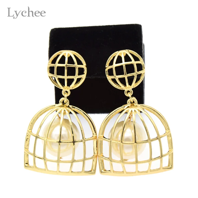 Lychee ретро золотой цвет клетка висячие серьги винтажные имитация жемчуга Висячие
