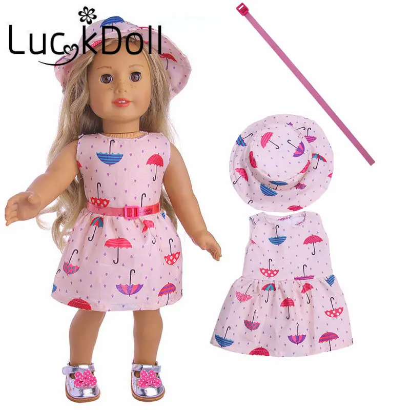 LUCKDOLL Платье с принтом шляпа и пояс подходят 18 дюймов Американский 43 см BabyDoll