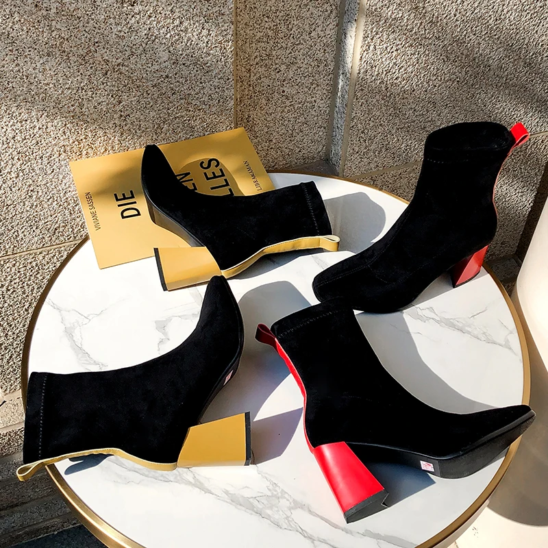 INS/популярные женские флокированные ботильоны обувь из эластичной ткани женская