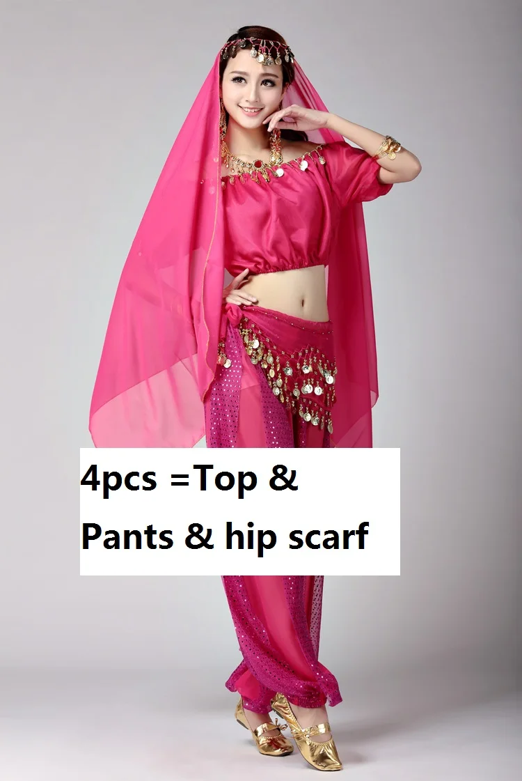 hotpink4pcs Женские индийские сари, одежда для танца живота, цены для взрослых, синие платья для выступлений, восточные костюмы, женский костюм для танцев - Цвет: hotpink4pcs