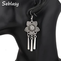 seblasy punk bohemian big flowers stripe tassel dangle earrings for women party jewelry tibet silver color boucle doreille gifts