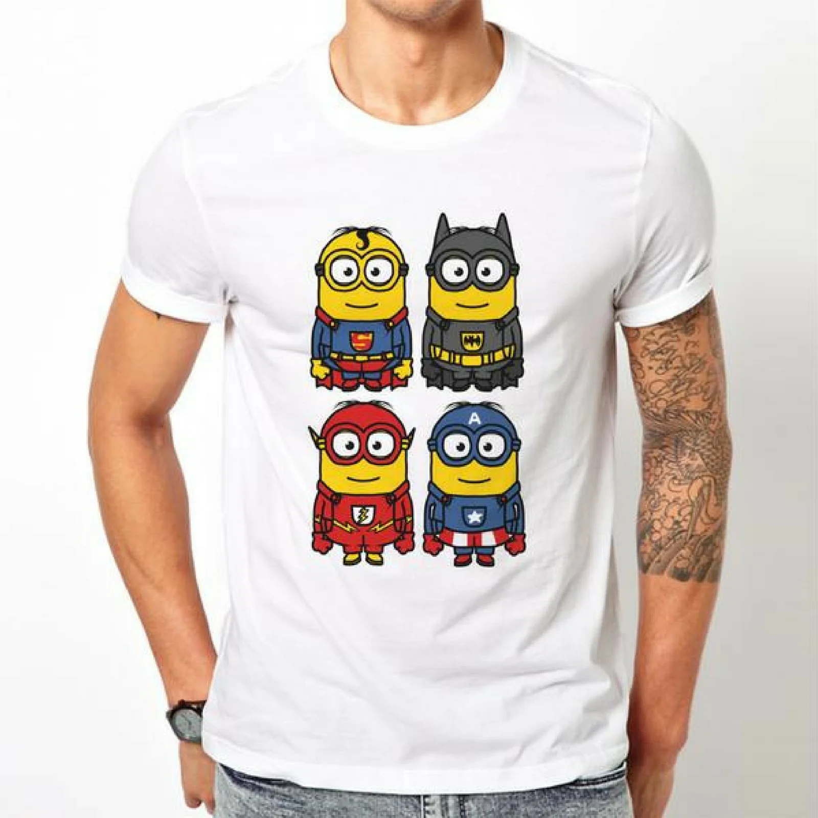 Мужские дизайнерские Миньоны Super Heroes Мстители Бэтмен ситец белая футболка|designer