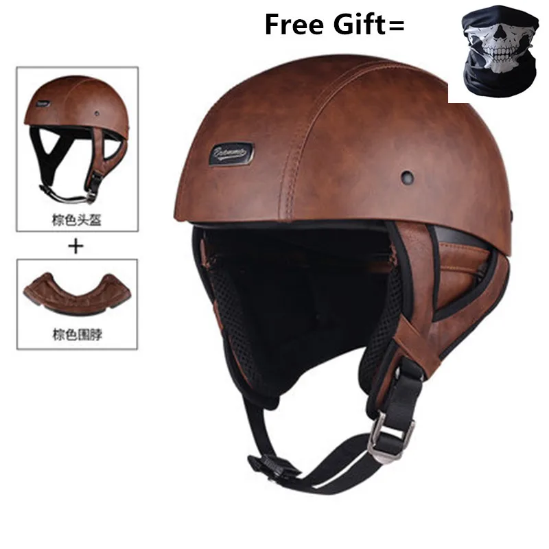 Brown leather-2 Кожаный шлем черный мотоциклетный с открытым лицом Половина шлем Чоппер Байкер пилот Vespa для 57 до 61 см - Цвет: Brown leather-2