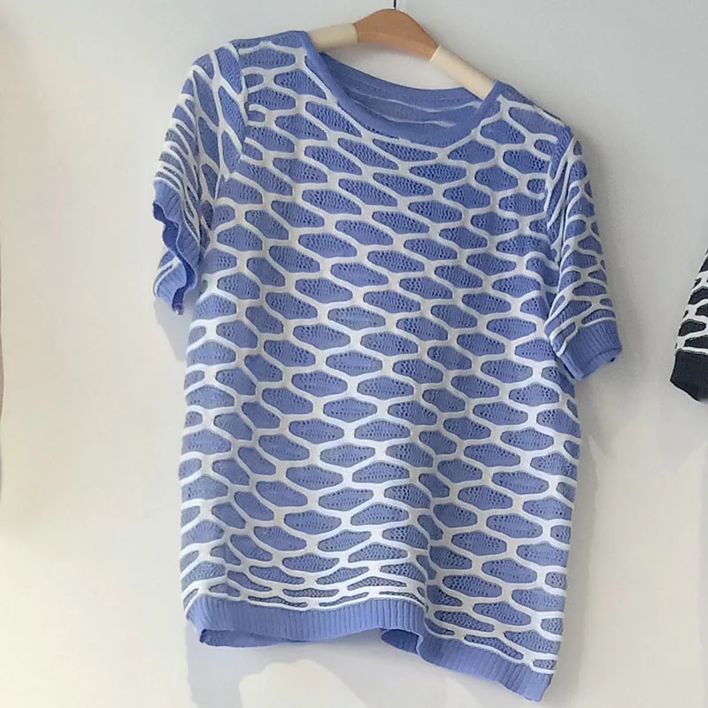 

Hollow Out Thin Short Sleeve Women Knitted Summer Tops Women Loose Cool Pullovers Top Casual O-Neck Knitting Jumper Female