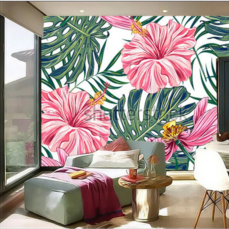

Custom 3D large mural,tropical flowers, palm leaves, hibiscus papel de parede ,living room TV wall bedroom wallpaper