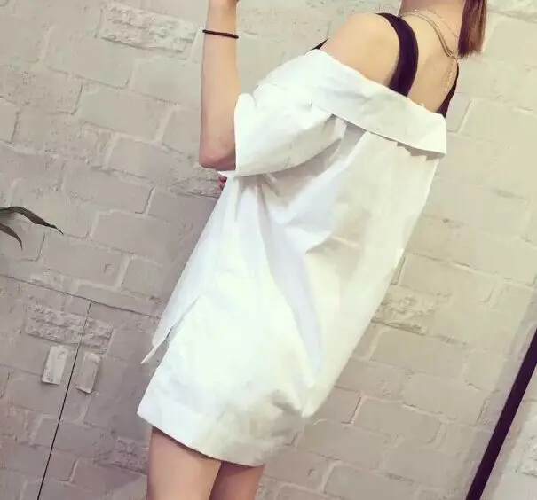 Summer Style 2015 Korean Fashion Off Shoulder Side Split Shirt Top Black White Patchwork vestido de festa D96 |