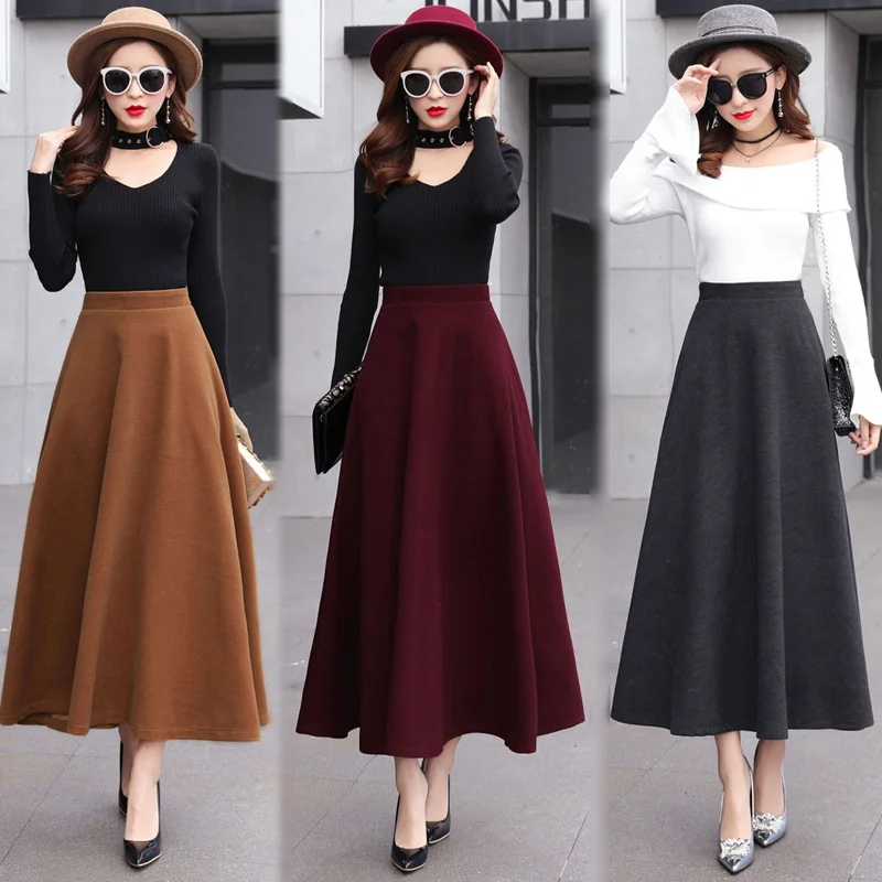 High Waist Woolen Skirts Womens Winter 2018 Fashion Streewear Wool Long Pleated Skirt With Belt Casual Ladies Saia Longa Black