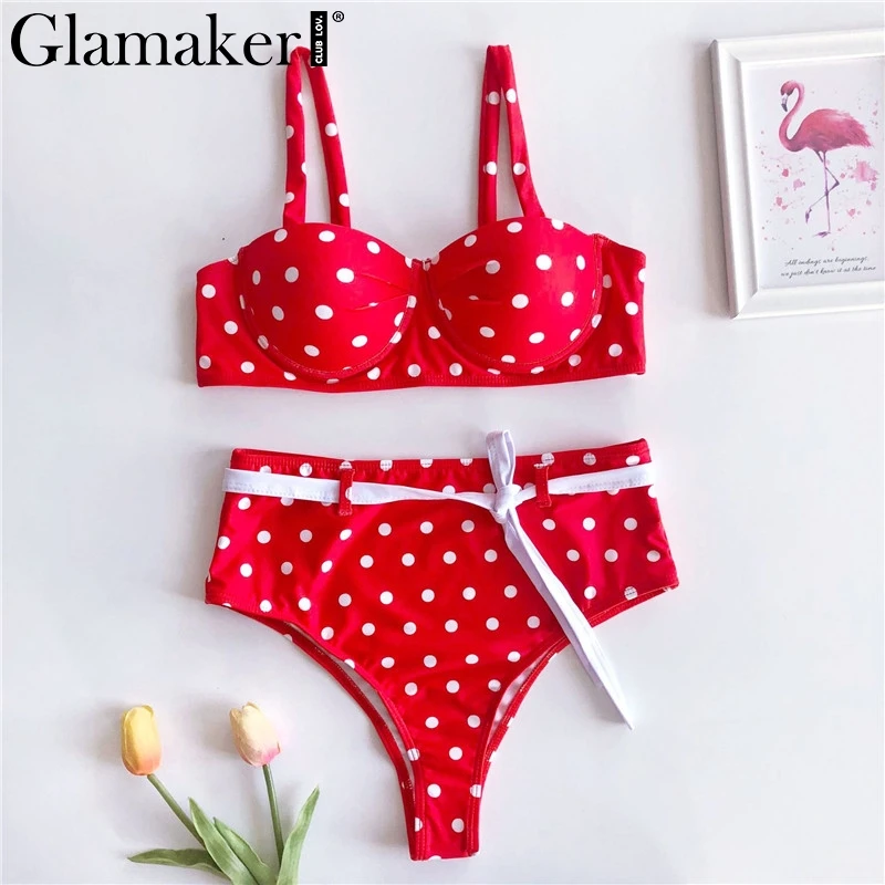 Glamaker, сексуальный красный праздничный бикини, микро-боди, купальник для женщин, купальный костюм, бикини, летний, с высокой талией, в горошек, женский пляжный купальник