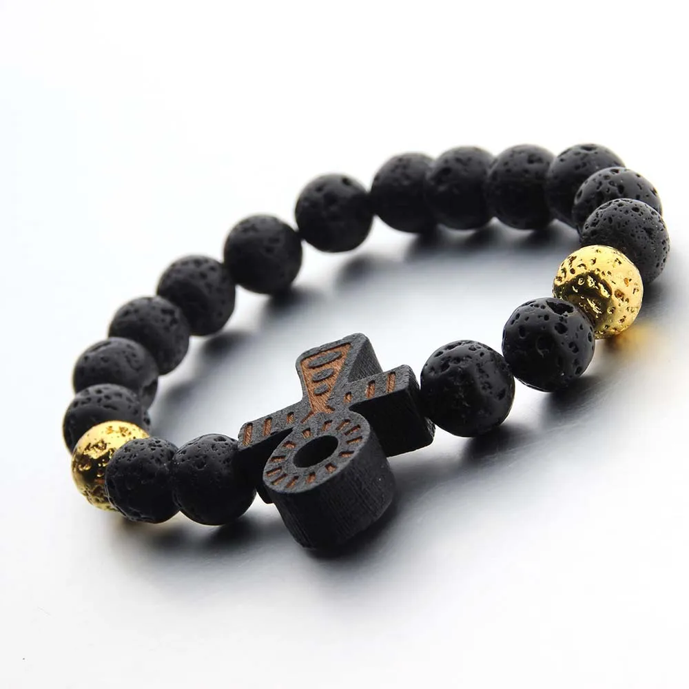 Новый трендовый Крест Иисуса браслеты мужские черные Лава камень 10 мм бусы и для