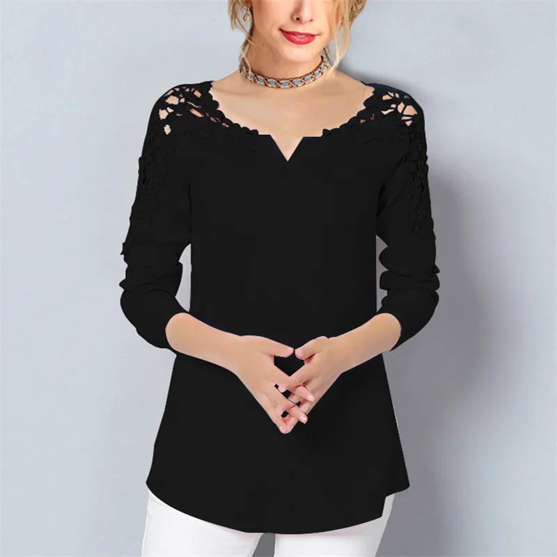 Chiffon Blouse new Women V-Neck Tunic Lace Casual 2019 Sleeve White Shirt Loose Top Summer Elegant Office Ladies Blouses | Женская