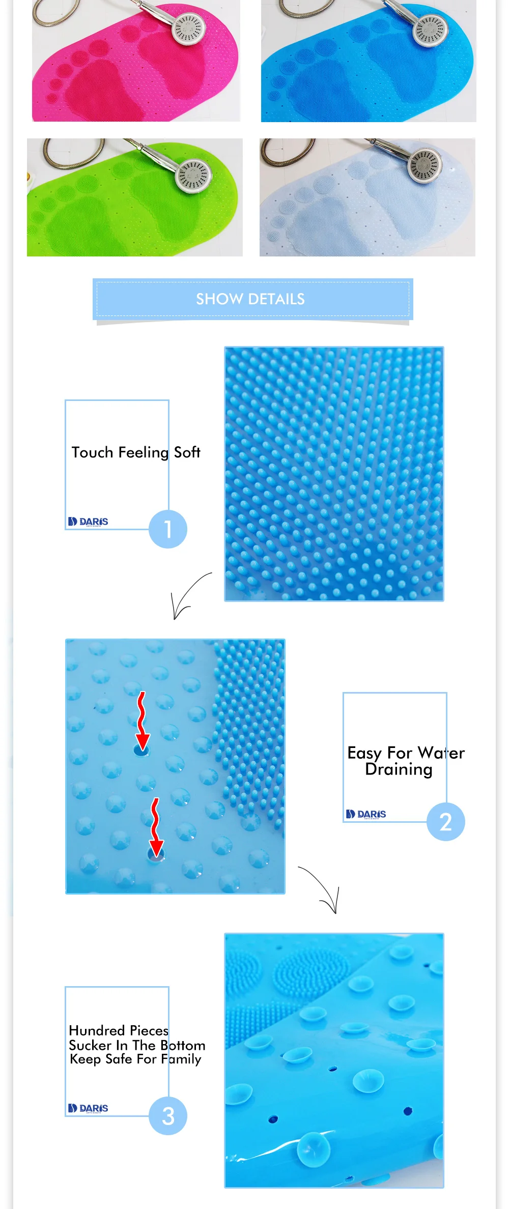 SDARISB Cartoon Feet Children Comfortable Protection PVC Vinyl Bath Mat Blue Non-slip Massage Bathroom Mats