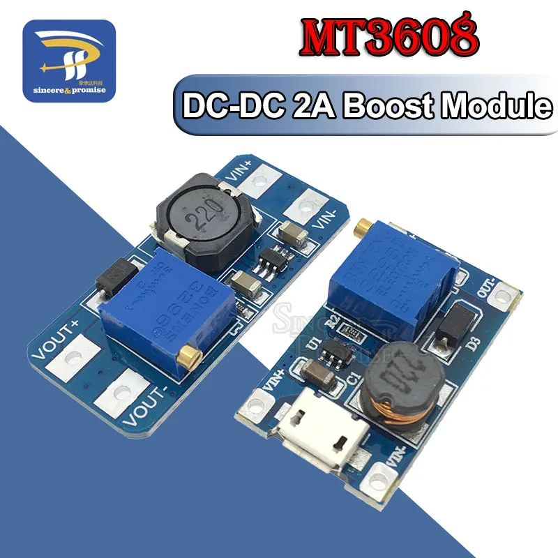 MT3608 DC регулируемый Повышающий Модуль 2А с MICRO USB 2в 24в до 5В 9В 12В 28В для Arduino|boosted