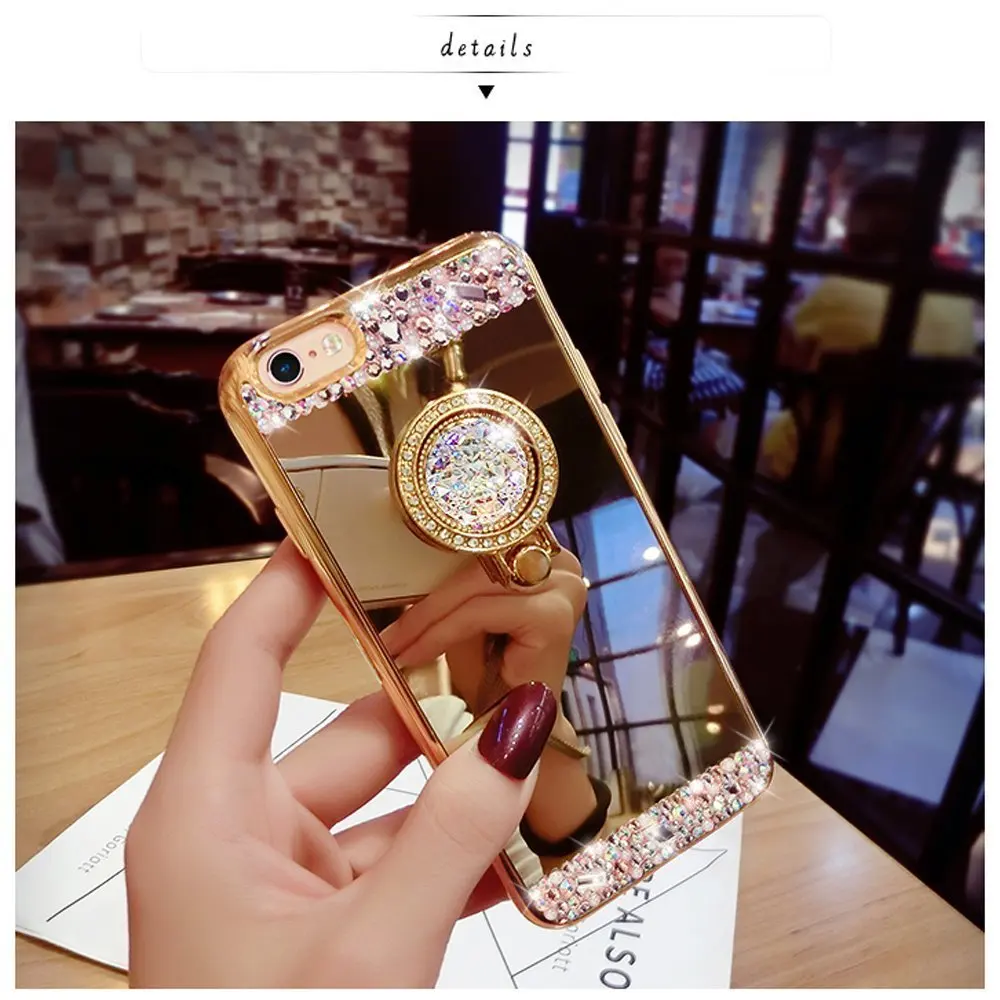 Роскошный кристалл rhinestone bling диаманта блеск зеркало case кольцо подставка для xperia c5