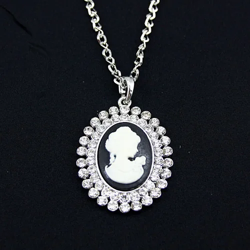 FLOLA элегантная винтажная Камея Ожерелье Серебряная цепочка Стразы Длинная