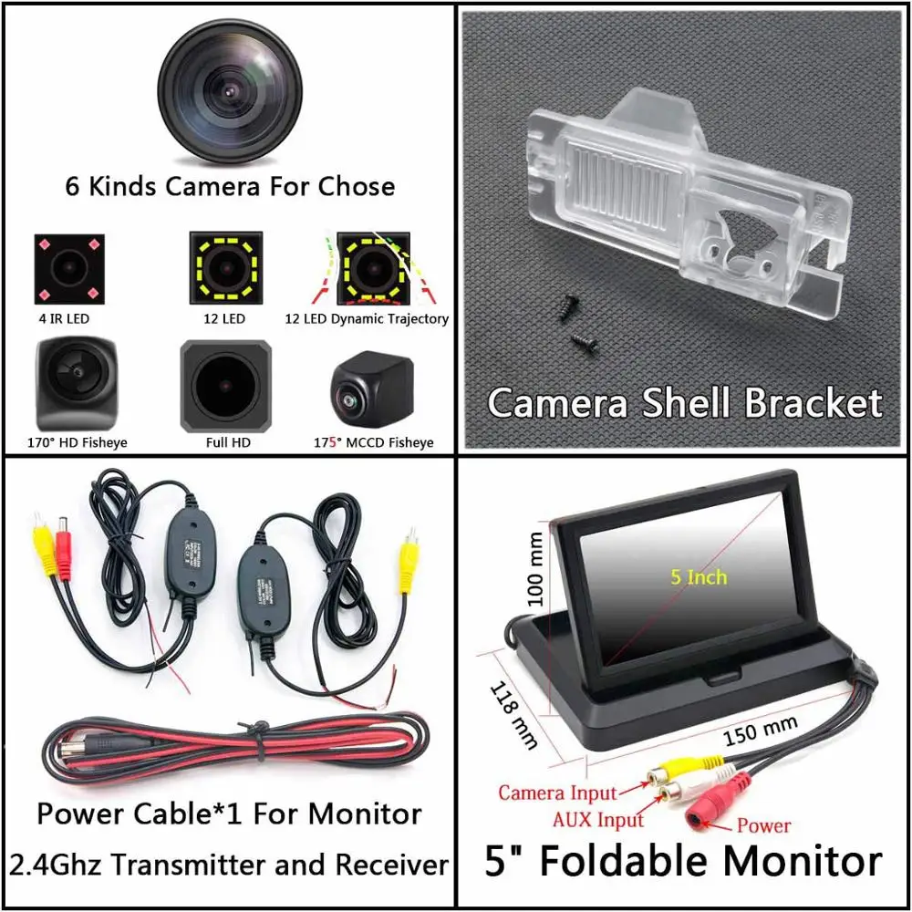 Cam Wireless 5 Fold 175 градусов рыбий глаз MCCD 12LED HD камера заднего вида для Ssangyong Rexton Kyron Korando Actyon монитор парковки автомобиля - Название цвета: Cam Wireless 5 Fold