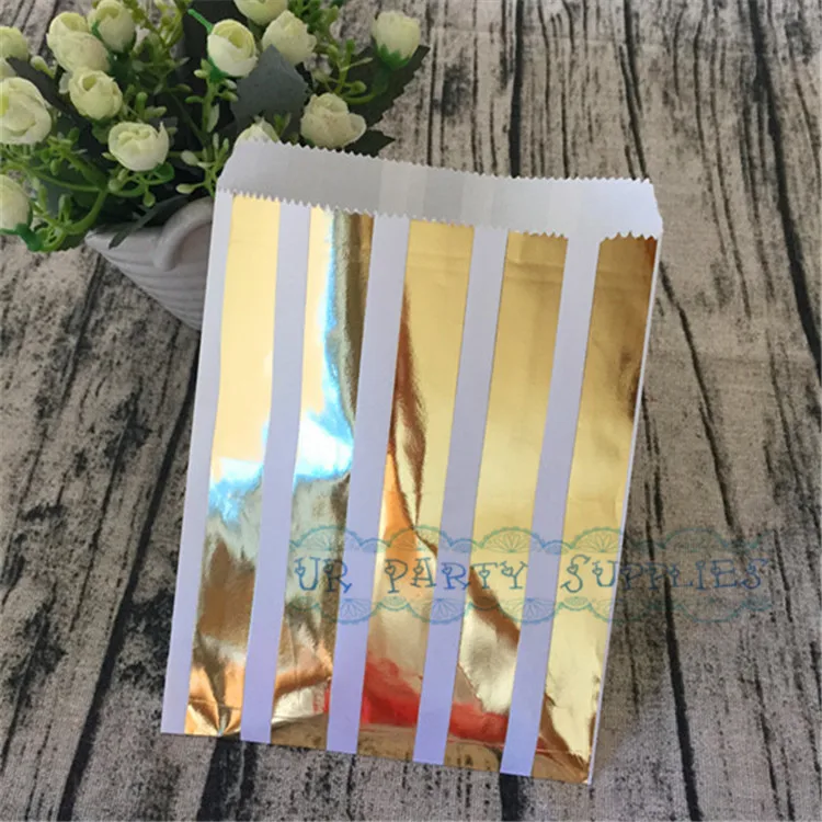 Бесплатная доставка 100 шт Металлические золотые бумажные мешки полосатые сумки